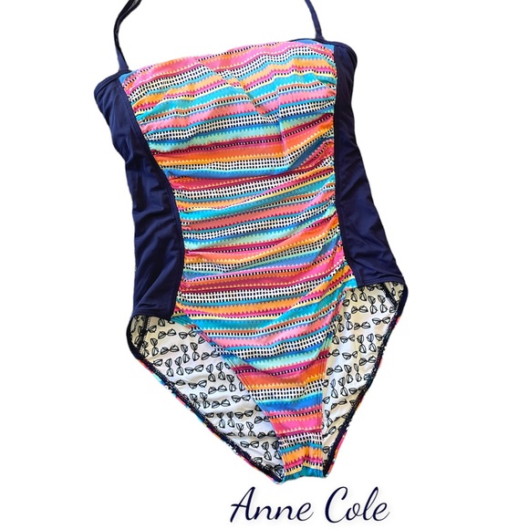 Anne Cole Other - Anne Cole Stripe One Piece Bandeau Swimsuit Sz 10 Triangle Side Multicolor